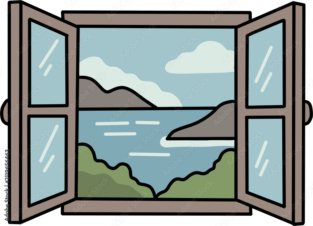 Fototapeta premium Open window frame overlooking scenic ocean and mountain landscape