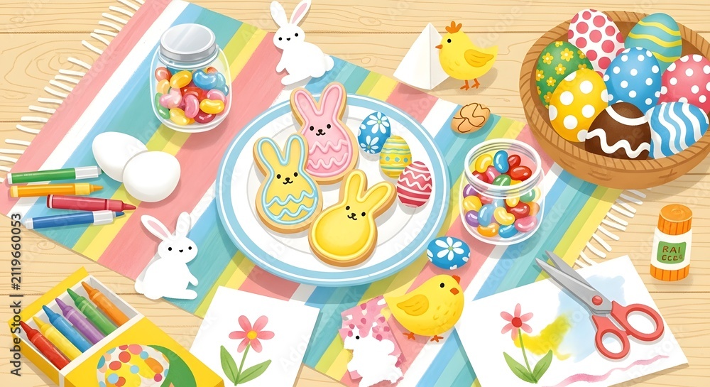 Naklejka premium Festive Easter flat lay illustration featuring colorful decorated eggs, sweet cookies, candy, and craft supplies on a table