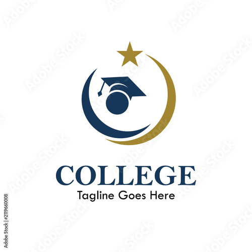 Education college logo vector design template featuring a graduation cap, crescent swoop, and star for academic success, university, school, and learning center branding.