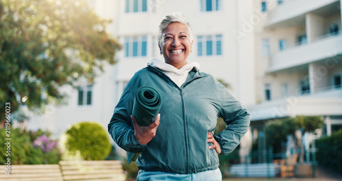 Obraz na płótnie Fitness, portrait and old woman outdoor with mat, active aging and pride in workout hobby