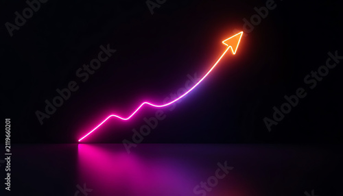 3d render, abstract minimalist geometric background. Three neon arrows, linear rising chart