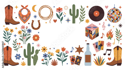 Western boho frame design with disco ball and cowboy aesthetics.