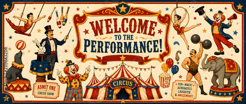 Vintage circus welcome performance poster with performers