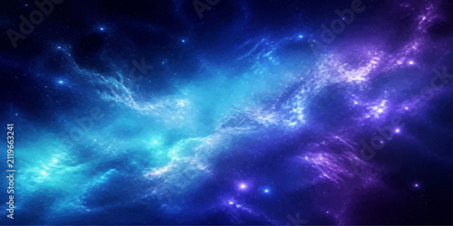 Foto Nebula's Embrace: A mesmerizing cosmic vista unfolds, showcasing vibrant nebulae swirling with iridescent hues of blue and purple, interspersed with countless distant stars