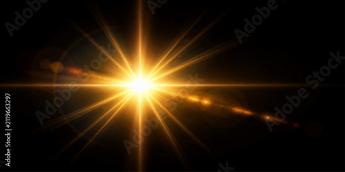 Bild auf Leinwand Golden Sunburst Effect: A brilliant golden starburst with sharp, radiating rays illuminates the darkness, creating a dramatic and energetic visual effect