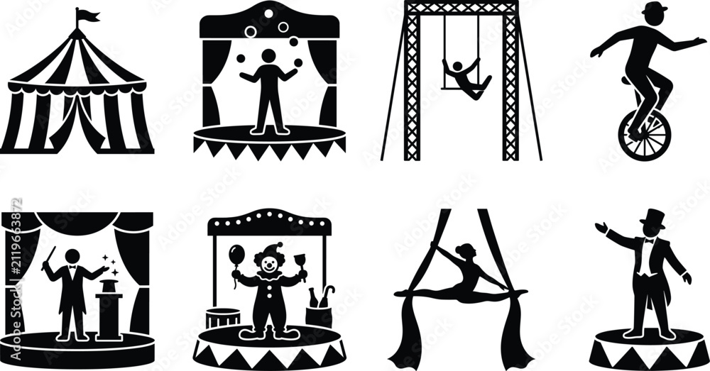 Naklejka premium Circus Performance Silhouette Vector Icon Set with Carnival Entertainment Collection
