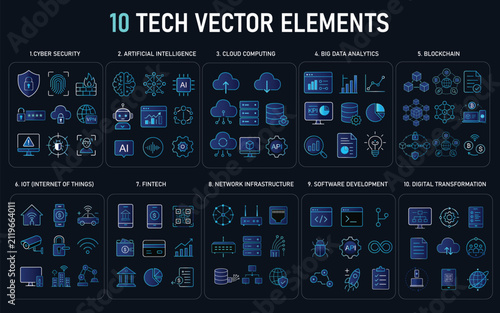Technology Vector Icons Collection Featuring Cyber Security Artificial Intelligence Cloud Computing Blockchain Fintech and Digital Transformation