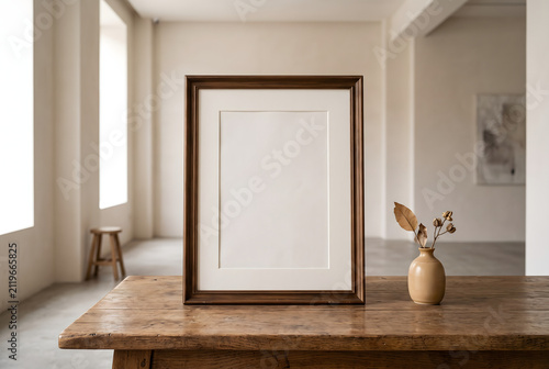 Blank Wooden Picture Frame Mockup on a Rustic Table in Minimalist Room