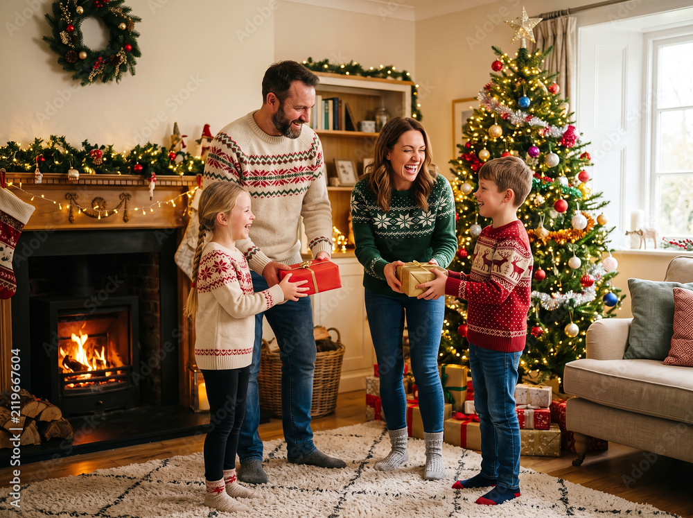 Fototapeta premium Happy Family in Festive Sweaters Exchanging Wrapped Christmas Gifts in Cozy Living Room Beside Burning Fireplace and Decorated Tree