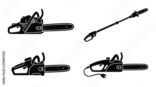 Fotografía Chainsaws Silhouette Collection Black Vector Illustration On White Background
