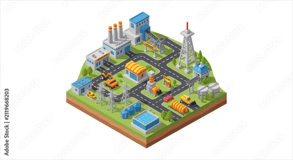 Fototapeta premium Isometric Cityscape with Industrial and Commercial Buildings.