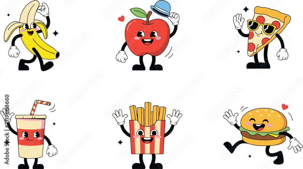 Fototapeta premium Retro Cartoon Food and Fruit Mascot Characters Set in Vintage 1930s Rubber Hose Style with Banana Apple Pizza Soda Fries and Burger