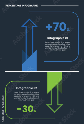 Percentage infographic template banner with big vertical up and down arrow showing increase and decrease with 2 point