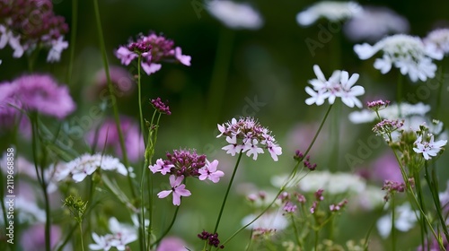 Delicate pink and white wildflowers bloom gracefully among green stems in a softly blurred natural garden setting