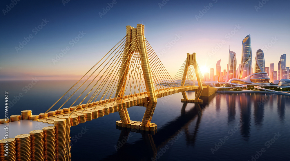 Fototapeta premium Golden cable-stayed bridge over calm water leading to city skyline at sunset, infrastructure and financial connection concept with dramatic sky and reflections