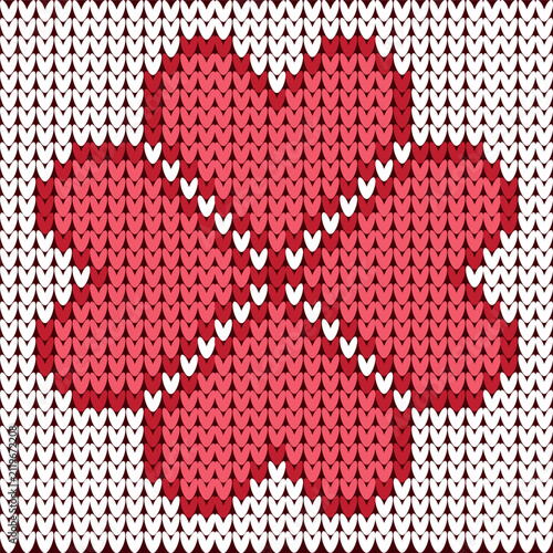 Seamless Knitting Pattern with Red Heart Four Leaf Clover Flower on White