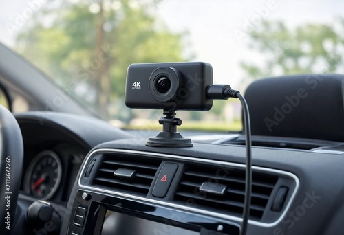 Closeup of fleet dashcam mounting bracket on vehicle dashboard, showcasing secure installation, transportation safety, telematics equipment, commercial driving technology, and monitoring system.
