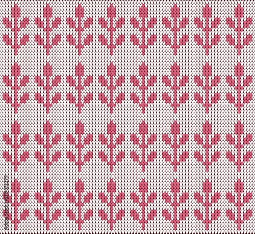 Seamless Knitting Pattern with Magenta Pink Botanical Flowers and White Grid