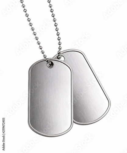 Military dog tags on silver chain for identification. Stainless steel ID tags hanging on metal necklace for armed forces personnel.