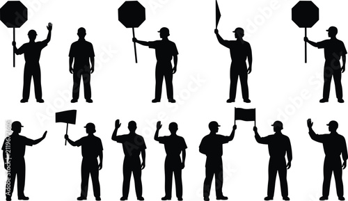 Bild auf Leinwand Traffic Control Worker with Stop Sign and Flag Solid Black Silhouette Vector Set
