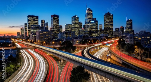 Cityscape at Night With Time Lapse of Traffic