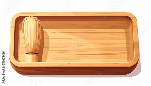 Wooden tea whisk and tray on white background.