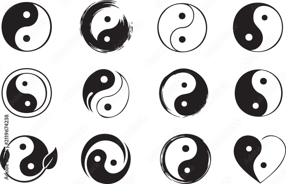 Fototapeta premium Yin Yang Symbol Set with Balance, Zen and Traditional Chinese Design Icons