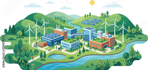 Sustainable eco friendly industrial complex with wind turbines solar panels and green buildings in a lush natural landscape vector