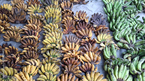 A top view of assorted banana bunches arranged on a tarp at a traditional market, showcasing different stages of ripeness from green to yellow and brown