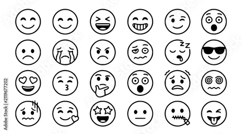 Bild auf Leinwand Cartoon emoticon and emoji icon set with expressive smiley faces editable black
