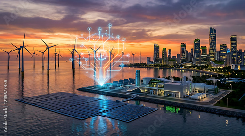 Renewable energy complex with wind turbines and solar panels powering a modern cityscape during sunset