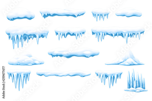 Set of snow caps and icicles isolated on a transparent background