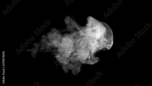 Realistic white steam or water vapor isolated on black background with soft swirling mist, natural condensation effect, atmospheric overlay, transparent texture for VFX, compositing, graphic design.
