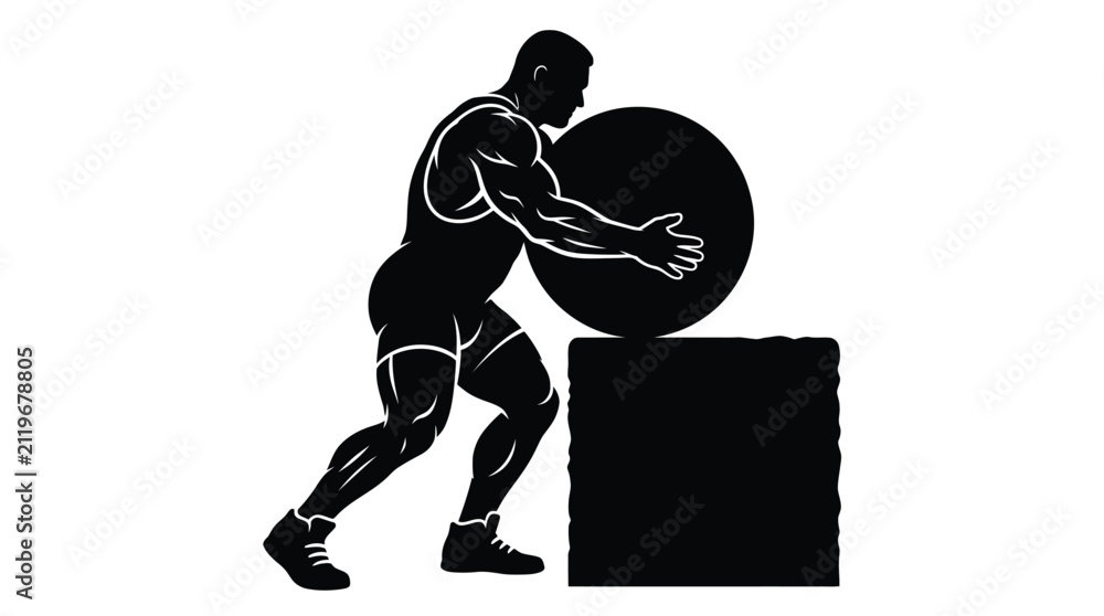 Fototapeta premium Muscular athlete pushing a heavy stone sphere in this minimalist black and white vector graphic illustration