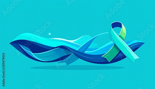Teal Awareness Ribbon with Abstract Wave Design.
