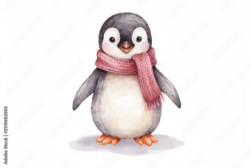 Fototapeta premium Adorable baby penguin wearing a pink knitted scarf, standing on a patch of ice, watercolor style on a white background
