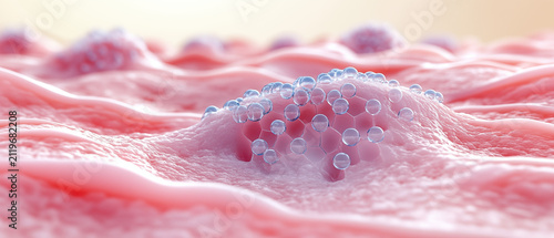 Ultra macro of healthy human skin tissue with visible collagen matrix and cellular structure, transparent blue hyaluronic acid molecules penetrating deep into the epidermis, skin hydration concept
