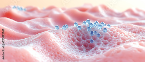 Ultra macro of healthy human skin tissue with visible collagen matrix and cellular structure, transparent blue hyaluronic acid molecules penetrating deep into the epidermis, skin hydration concept
