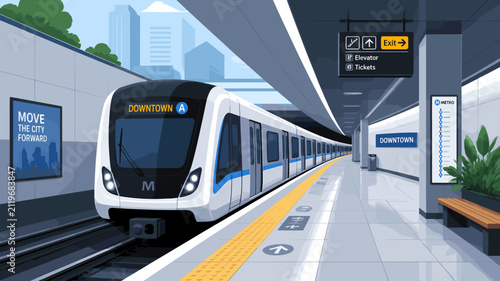 Cuadro en lienzo Modern subway train arriving at a clean, well-lit underground station platform with city buildings visible in the background