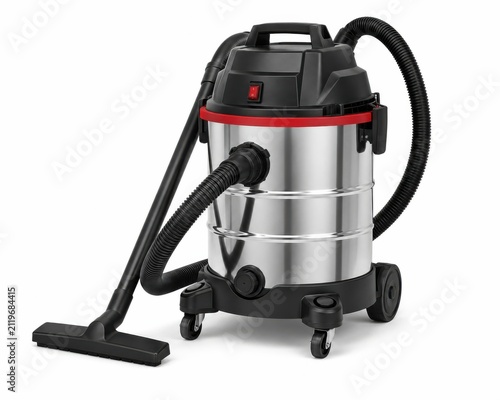 Industrial wet dry vacuum cleaner for professional cleaning. Heavy-duty shop vac with stainless steel tank and wheels for easy mobility.