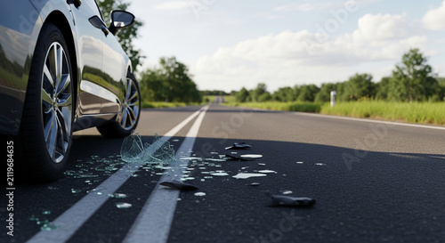 Shattered glass on asphalt road after car accident with vehicle parked on highway shoulder during daytime.