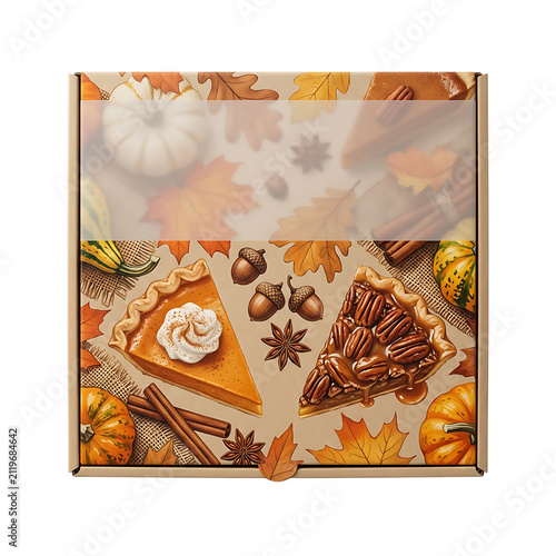 Square cardboard box with autumn theme design featuring pumpkin pie slices pecans and colorful fall leaves for seasonal packaging
