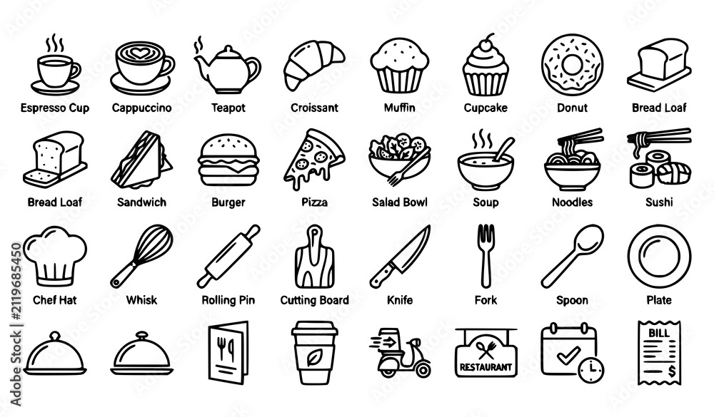 Fototapeta premium Bakery and Cafe Food Icon Set, Coffee Pastry and Restaurant Outline Vector Collection