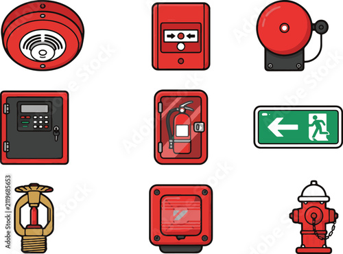 Fire protection safety equipment alarm system smoke detector and extinguisher vector illustration set
