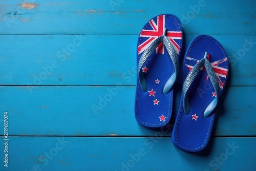 New Zealand flag thongs on weathered blue wood, stock photo, symbol, thongs