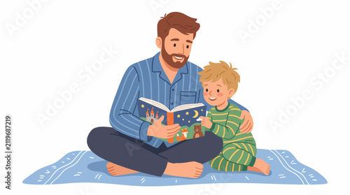 Father reading bedtime story to little son sitting on rug in pajamas