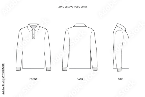 Long Sleeve Polo Shirt Tech Pack Technical Drawing Flat Sketch Vector Mockup Front Back Side View