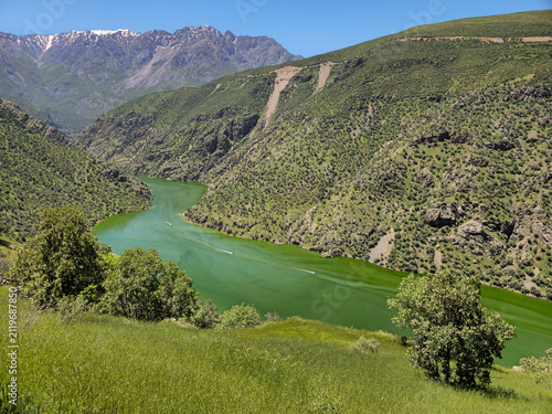 Canvas Print Vivid emerald river snakes through a vast green canyon, small boats gliding alon