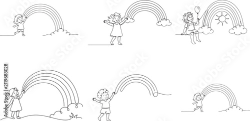 Child Touching Rainbow Continuous One Line Art Vector Illustration