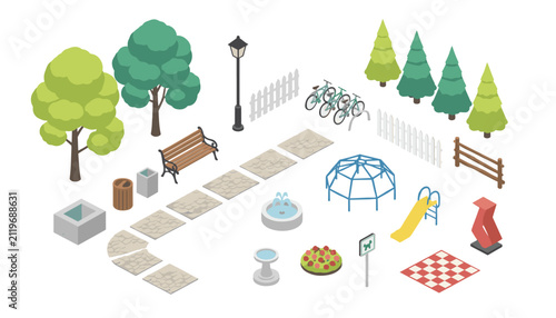 Isometric park playground elements with trees fountain benches slide and outdoor gym equipment for public recreation.